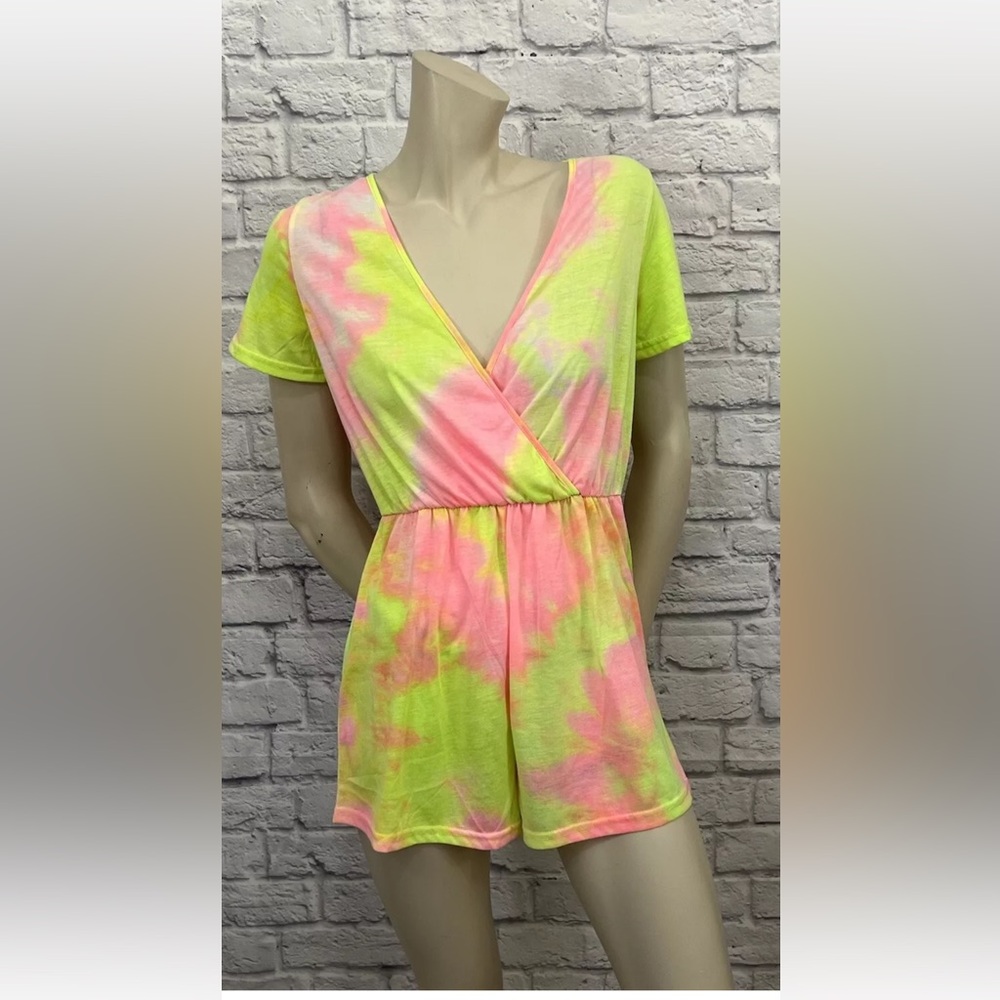 SHEIN PINK & YELLOW TIE DYE PRINT ROMPER SIZE S
